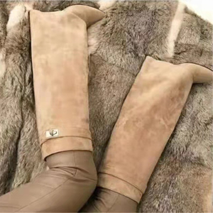 Bottes en cuir véritable tendance, à enfiler, à talon compensé, avec empiècements souples, pour femme, hauteur genou, décoration métallique, taille 43 - Product Image 5