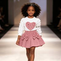 Ensemble 2 pièces décontracté et mignon pour filles : Haut côtelé à col rond et manches longues bouffantes avec patch cœur 3D et jupe-short plissée à double nœud et taille élastique