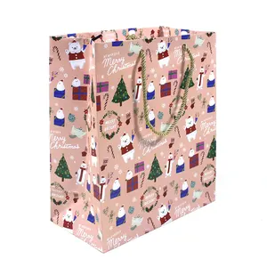 Best Selling Recyclable Sacola Personalizada De Papel Pink Paper Bottom Bag Candy Christmas Theme Bolsas De Regalo With Handles