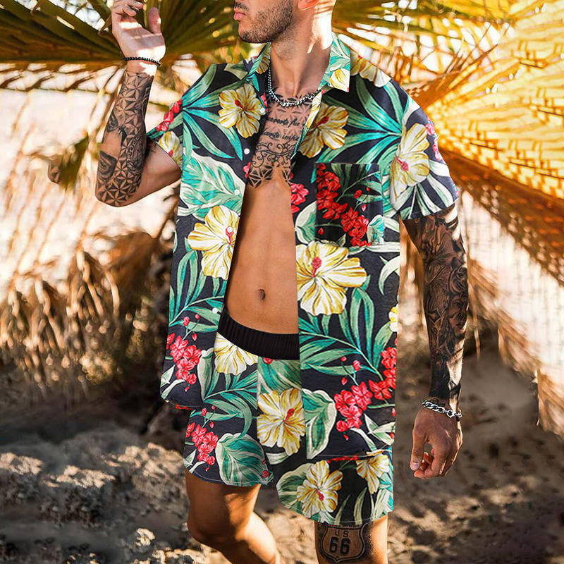 Custom Men Shirt and Beach Short Pants Set Plus Size Swimwear Men Swimwear  Beachwear Print Outdoor Polyester Cotton Knitted