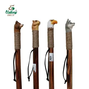 122cm outdoor camping use wood hand craft carving animal head walking stick cane