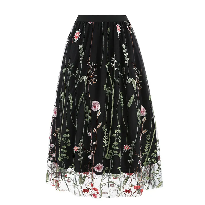 Caihua Heavy Industry Embroidered Mesh Skirt Spring New Korean Temperament Mid-length Skirt A-line Pleated Skirt Women