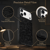 Étui de luxe en cuir véritable gaufré motif fleur Tang pour iPhone 18 17 16 15, coque arrière magnétique N52 pour chargement sans fil