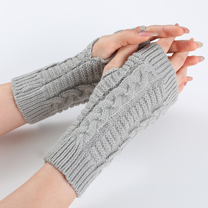 Guantes de punto torcido para mujer, calentadores de brazo blancos de invierno, mitones acrílicos de medio dedo, guantes de punto sin dedos - Product Image 1
