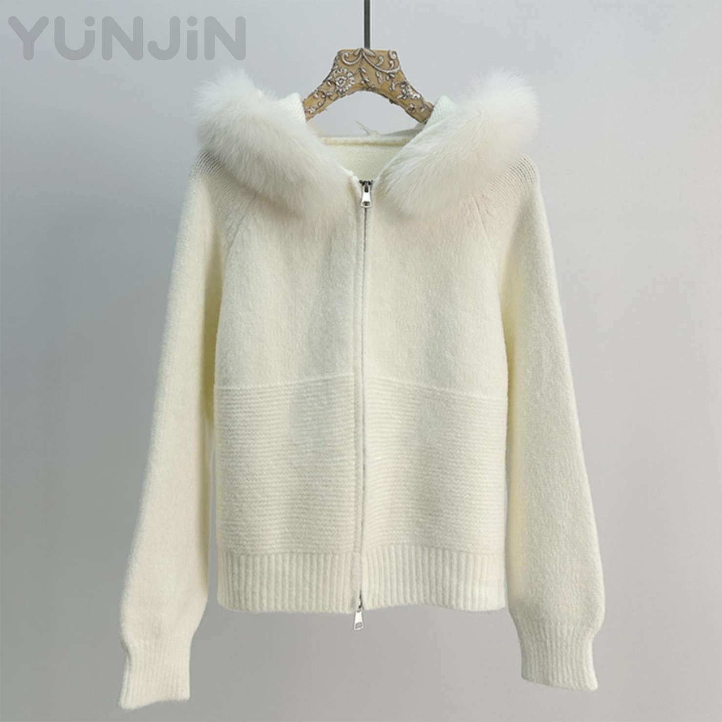 Waffle Knitted Real Fox Fur Collar Cardigan Crochet Sweater Fur Coat Zipper Hooded Long Sleeve Winter Top Women Ladies Clothes