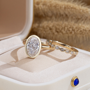 Messi Jewelry MSR-2132 18K Gold Oval Shape Bezel Setting Lab Grown <b>Diamond</b> Wedding <b>Ring</b> Set - Product Image 3