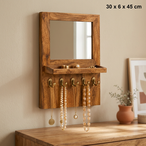Aqdus Saleem MGC-050 Organizador de Joyas de Pared Moderno de Mediados de Siglo, de Madera de Mango, con Espejo y Ganchos de Acero Inoxidable, para Sala de Estar - Product Image 3