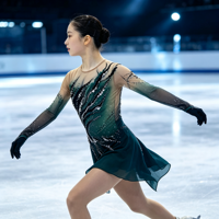 Costume de patinage artistique vert foncé dégradé avec strass, manches longues en maille pour la performance de danse sur glace en compétition