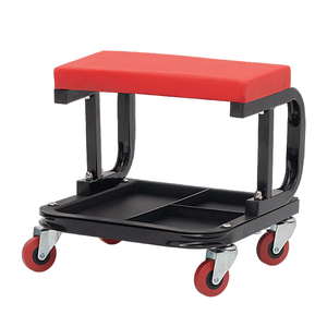 Sgabello Meccanico con Ruote e Vassoio Portautensili Diviso, Cuscino in Spugna PU Rossa, Sedile per Officina e Manutenzione Pneumatici - Product Image 1