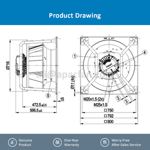 พัดลมระบายความร้อนแบบแรงเหวี่ยงสำหรับเครื่องปรับอากาศและชุดจัดการอากาศ (AHU) รุ่น ebmpapst K3G630-PC04-L1 400V AC 8.1A 5250W 1610RPM 630 มม. - Product Image 4