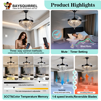 Ventilateur de plafond rétractable avec lustre en cristal de 42 pouces, lumière LED à 3 couleurs réglables, moteur DC réversible pour usage domestique en intérieur