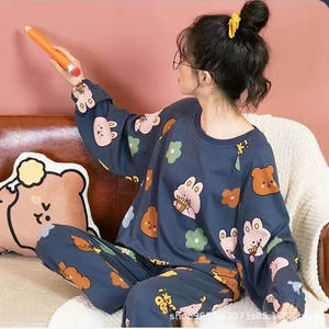 Conjunto de <span class=keywords><strong>pijama</strong></span> de dibujos animados de estilo coreano informal de talla grande para <span class=keywords><strong>mujer</strong></span>, ropa de casa transpirable de manga larga con cintura elástica delantera, Otoño <span class=keywords><strong>Invierno</strong></span> - Product Image 2