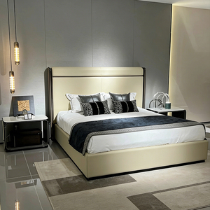 Lit King Size de Luxe en Placage de Bois Naturel avec Cuir Véritable et Microfibre, Lit Moderne de Luxe, Meubles de Chambre à Coucher Modernes - Product Image 1