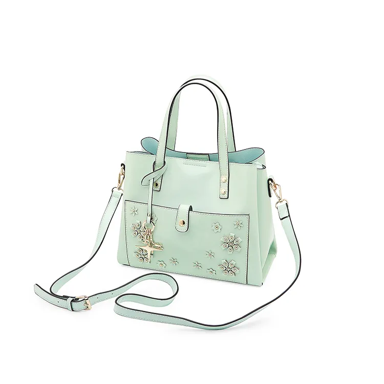 Capacity Tote Bag Vegan Pu Leather Purses Handbag Multifunction Compartments Mint Green Color Handbags With Flowers Decoration