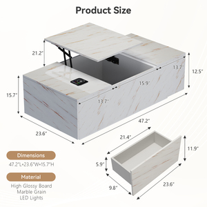 Tavolino da caffè intelligente regolabile in altezza con motivo in marmo bianco, cassetti portaoggetti e illuminazione a LED per soggiorno - Product Image 5