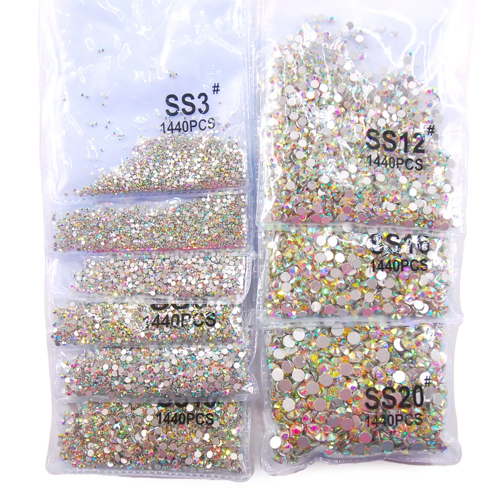 Super Glitter SS3-SS34 Crystal Clear AB Strass FlatBack Strass cucito tessuto indumento Strass per decorazioni Nail Art