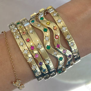 กำไลข้อมือทองเหลืองสีรุ้งงานครบรอบประดับเพชรมรกตและไพลิน - Product Image 4