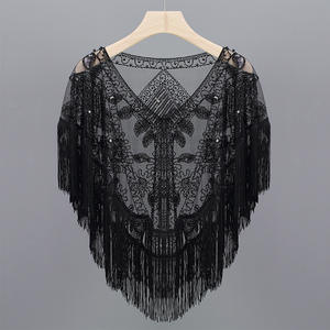 Selendang Wanita Era 1920-an Berpayet dengan Rumbai Mutiara Berhias Manik-Manik, Jaring Transparan, Selendang Gatsby Flapper Bolero - Product Image 5