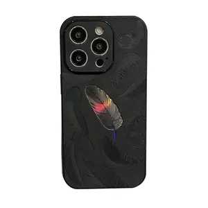 Custodia per telefono in pelle di lusso con motivo a piuma Laser per iPhone 15 14 13 12 11 Pro Max Cover protettiva opaca antiurto