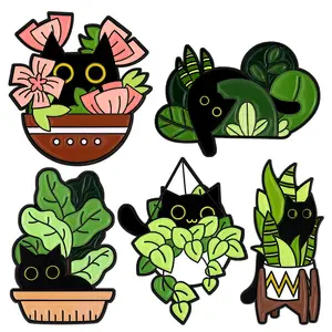 Stock Foreign Trade Cartoon Potted Plant Cute Black Cat Series All-in-one Bag Clothing Coat Enamel Pin Badge Fashion Decoration