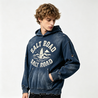Sweat-shirt à capuche épais Salt Road, délavé soleil, imprimé graphique planche de surf, bleu marine, effet délavé et vieilli, style streetwear