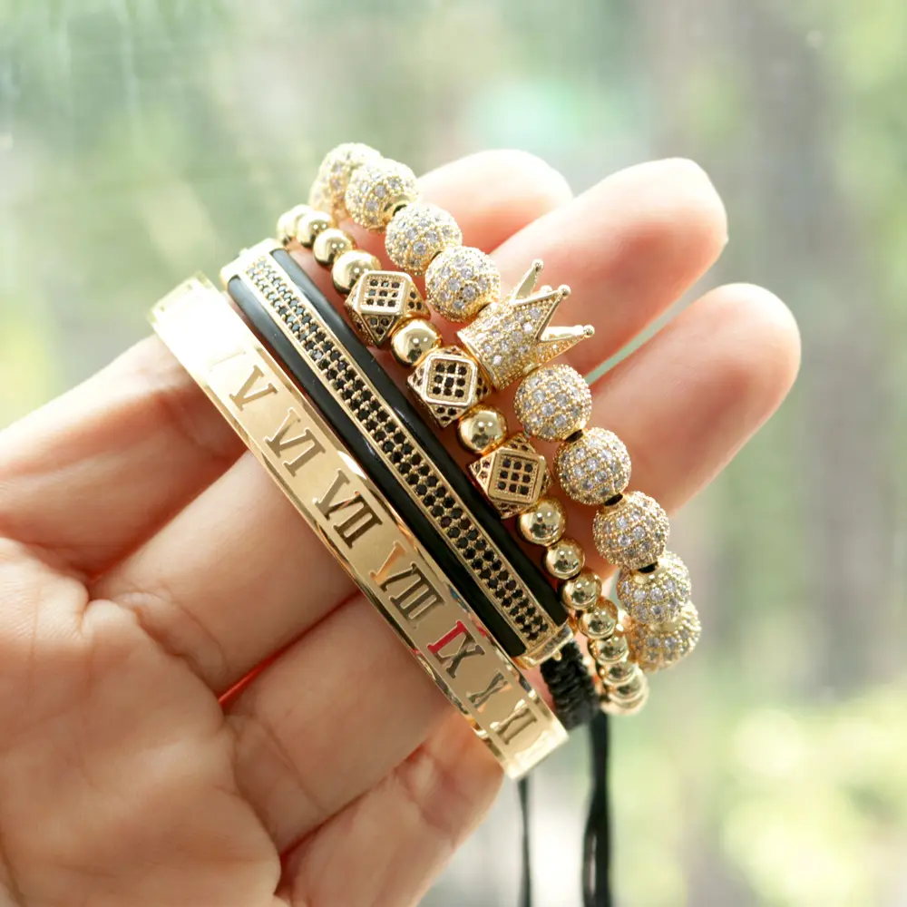 Luxury Jewelry 4pcs/set Gold Bracelet Men Crown Pave CZ Zircon Stainless Steel Beads Braided Braiding Bracelet