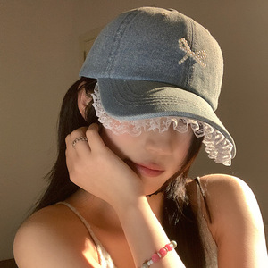 Lace Trimmed Denim Baseball <b>Cap</b> For <b>Women</b> Light Blue Pearl Bow Shade Hat Cotton Fabric Female Fashion <b>Cap</b> - Product Image 2