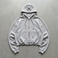 Sweat à capuche court et ample gris chiné en maille gaufrée épaisse de haute qualité avec fermeture éclair bidirectionnelle, personnalisable en gros pour hommes (OEM)