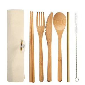 Eco Friendly Reusable Travel Portable Natural Organic Bamboo Utensils Flatware Cutlery Set With Bag Pouch