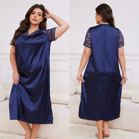 Camisón de satén bordado con cuello en V para mujer, talla grande, liso, suave, sexy, transpirable, sencillo, de manga corta, holgado, para dormir en casa, de verano