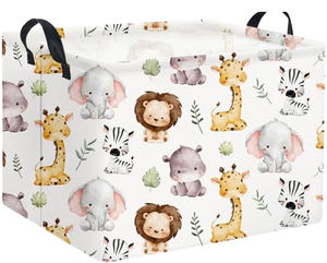 Panier de rangement pliable rectangulaire en tissu avec poignées pour enfants, maison, cuisine, garçons, filles, design mignon (motif animal adorable) - Product Image 1