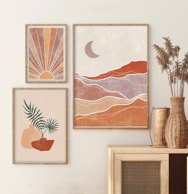JIEKAI Minimalist Line Art Abstract Geometric Stripe Poster Dark Boho Gallery Wall Art Room Decor Framed