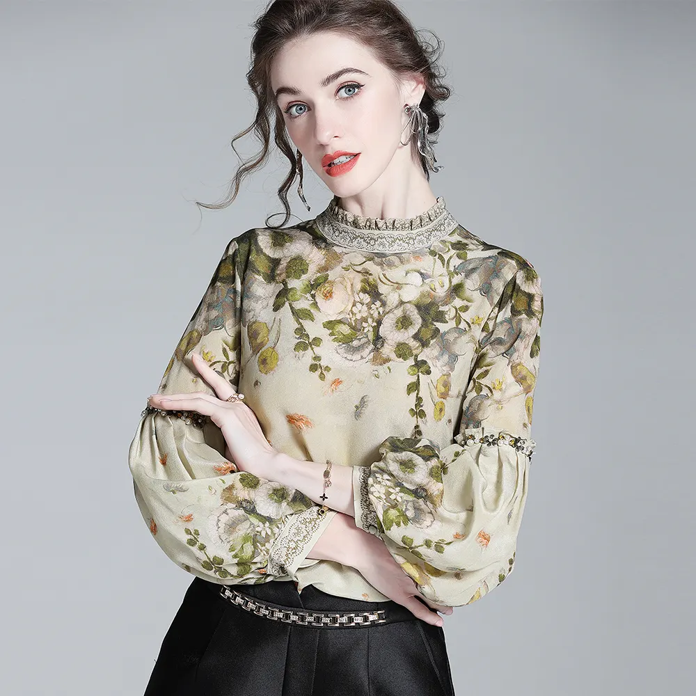 Autumn new french style blouse stand collar puff sleeve silk blouses luxury elegant blouses