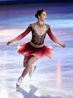 Robe de patinage artistique vintage dégradé rouge bordeaux, col montant, broderie dorée, strass, manches évasées, costume pour adultes et enfants