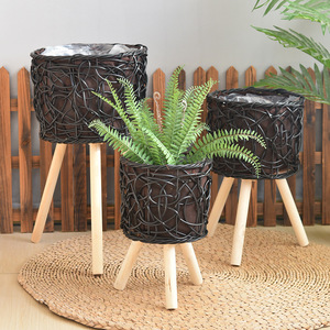 Pot de fleurs tressé avec pieds en bois, support pour plantes d'intérieur, panier en rotin pour plantes vertes, support de sol pour décoration de la maison - Product Image 4