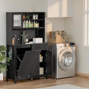 Living Room Coffee Bar <b>Cabinet</b> with Charging Station and Shelves, Buffet Trash Can Enclosure & Wine Glasses Rack - Product Image 2