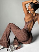 ZJ001 Pré-vente Combinaison de Sport Une Pièce Léopard à Bretelles Croisées pour Femme, Style Européen Américain, pour Fitness