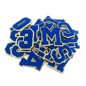 High Quality Blue Glitter Chenille 3inch Embroidered Iron-On Number Letter Patches Blue Letter