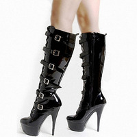 Bottes tendance en cuir PU à talons hauts, sexy, pour pole dance, plateformes, à boucle, talons aiguilles, bottes mi-mollet pour femmes, prix de gros