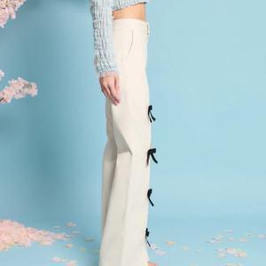 S&L Custom Logo High Waisted <b>Trousers</b> With Bow Trims/ Fashion Women Front Splits <b>Trousers</b> With Ribbon Decoration - Product Image 2