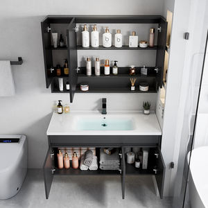 Set Kabinet Penyimpanan Kamar Mandi Aluminium Anti Air dengan Lapisan Hitam Modern, Cermin LED, Wastafel Keramik, dan Rak Lantai untuk Hotel - Product Image 6