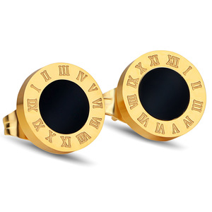 Gold Steel <b>Stud</b> <b>Earrings</b> 10mm Round Pearl Inlay Roman Numerals Bezel Setting For Women Fashion Jewelry - Product Image 4