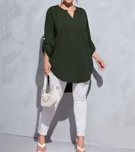 Custom Ladies Clothing Casual Blouse Solid Roll Up Sleeve Asymmetrical Curved Hem Notch Neck Plus Size Women's Blouses