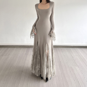 Vestido Maxi Elegante para Mujer, Color Sólido, Cuello Mandarín Elástico, Manga Larga, Dobladillo Recto, Cintura Alta, Capa Transparente de Encaje, Casual - Product Image 6