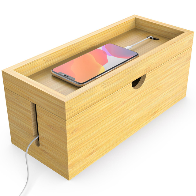 Cable Management Box 100% Bamboo Power Cord Organizer Hide Power Strips & Loose Wires From TVs Computers Desks Organizer