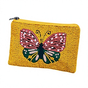 Beaded Butterfly Coin Purse Yellow Zipper Closure Handmade Bohemian Style <b>Mini</b> <b>Pouch</b> - Product Image 1