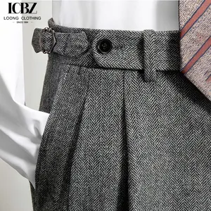 Pantaloni di lana di tweed tweed grigio a spina di pesce pantaloni casual da uomo a doppia piega sottile e dritta per gli uomini