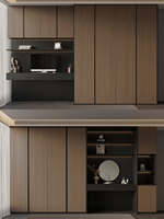 Armoire murale complète de style italien, design à poignées encastrées, meuble de rangement de chambre avec coiffeuse intégrée
