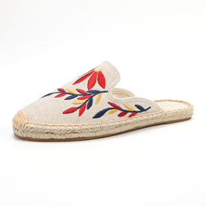 Custom Embroidered Closed Mule Espadrilles Beige Canvas <strong>Green</strong> Leaf Rubber Sole Backless <strong>Slides</strong> Women's All-Match Spring Summer - Product Image 6