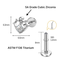 JiaXin ASTM-F136 Titanium Tanpa Ulir Pin Dorong Belakang Datar Stud Labret Medusa Conch Lobus Bunga Zirkonia Kubik Perhiasan Tindik Tubuh 16G